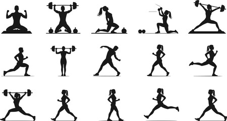 Fitness exercise, gym workout, running, weightlifting, yoga, strength training, bodybuilding, sport silhouettes, healthy lifestyle, athletic training, fitness motivation, wellness