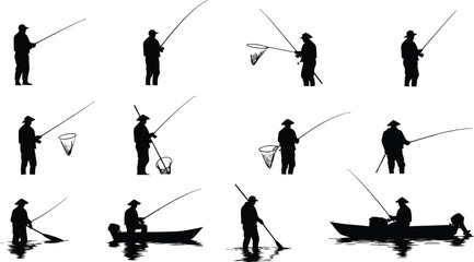 Fishing silhouettes, fisherman with rod, catching fish, fishing boat, river fishing, lake fishing, net catching, outdoor fishing activity illustration