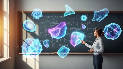 Teacher Explains Holographic Math Concepts on Blackboard - Powered by Adobe