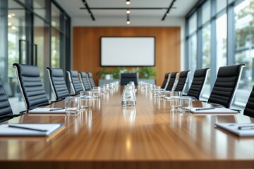 Modern corporate boardroom with long wooden table, executive chairs, glass water set, and blank presentation screen in a sleek office setting concept.. Ai generative