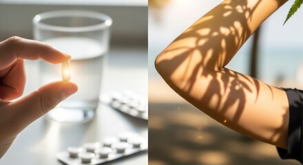 Pill held against light, water glass, blister pack, arm with leaf shadow