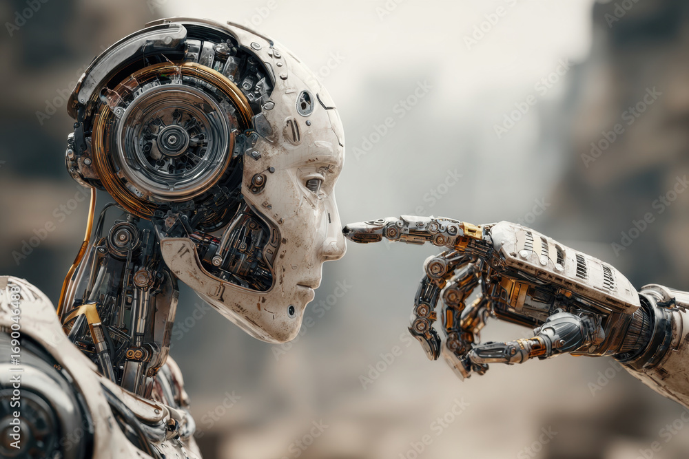 Poster close-up of mechanical hand of humanoid robot touching head of another robot. relationship and commu