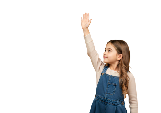 8 year old Asian girl raising hand isolated on transparent background