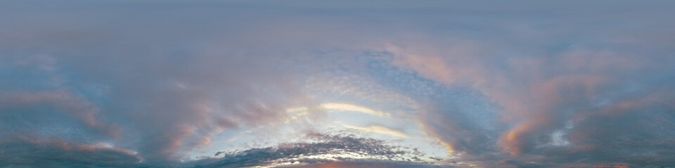 Sunset sky with bright glowing pink Cumulus clouds. Seamless spherical HDR 360 panorama. Full zenith or sky dome in 3D, sky replacement for aerial drone panoramas. Climate and weather change.