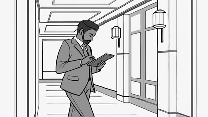 Businessman using tablet in hallway grayscale illustration professional modern office elegant interior design.