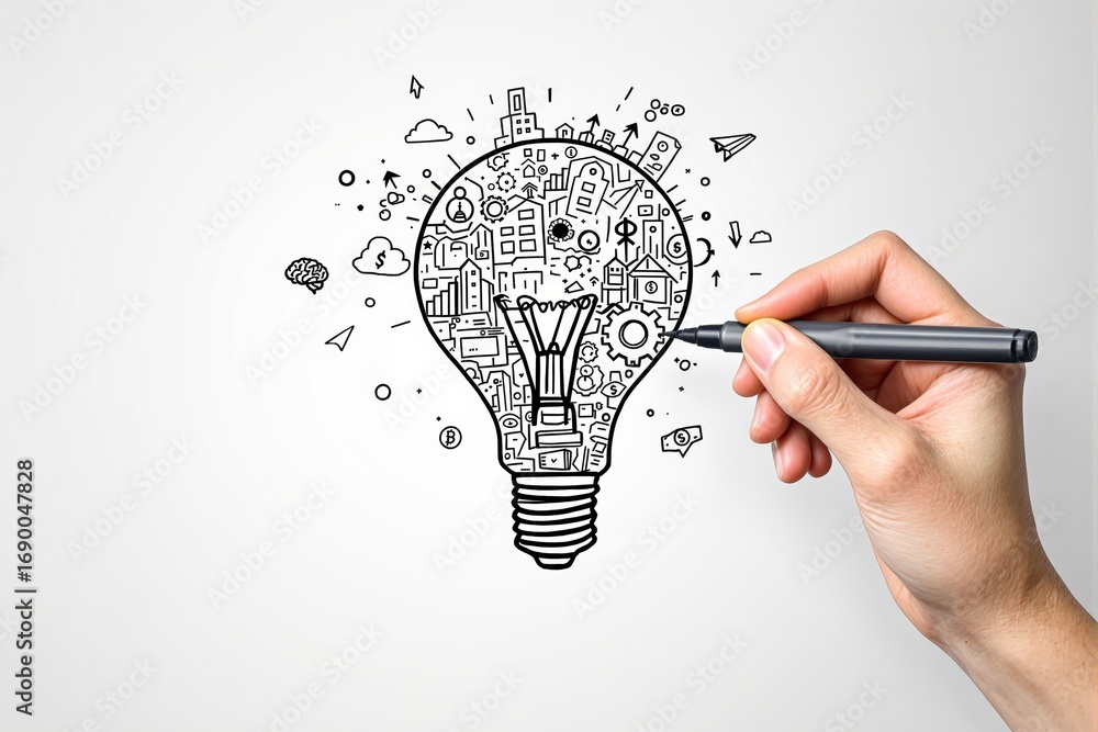 Poster hand drawing a light bulb filled with business icons symbolizing innovation, creativity, and brainst