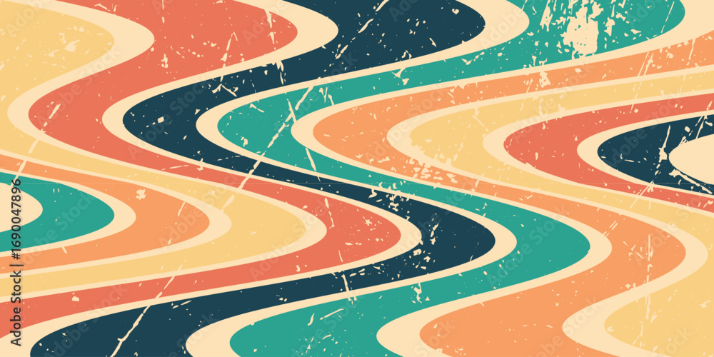 Poster abstract background with rainbow line design and metal scratch effect in retro hippie style. vector 