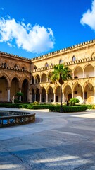 Fototapeta premium Sunny courtyard with arches and palm trees
