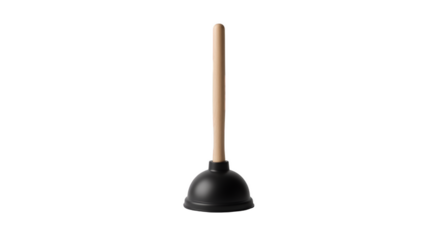 Plunger: A close-up shot of a black plunger with a wooden handle against a pristine background, highlighting its functional design and simplicity.