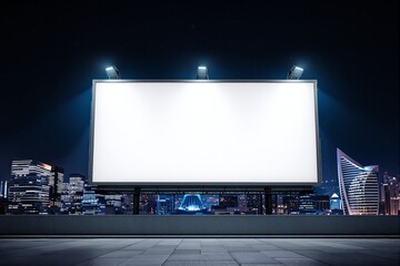 Blank illuminated billboard on rooftop at night with futuristic city skyline and skyscrapers in background under starry sky. Ai generative. Ai generative