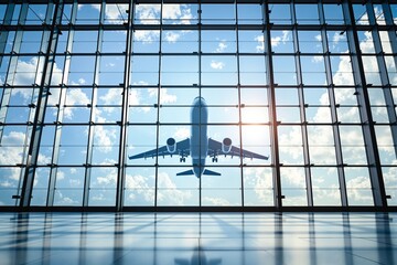 Airplane taking off viewed through large airport terminal glass with clean reflections and blue sky, symbolizing travel, freedom, and business journey concept. Ai generative