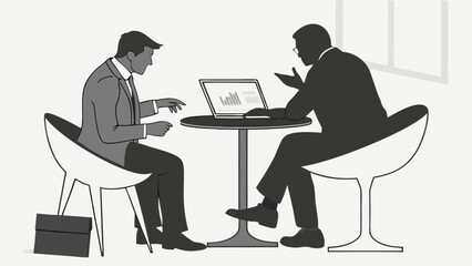 Businessmen discussing project colleagues meeting at table modern office illustration laptop with graphs presentation teamwork partnership.