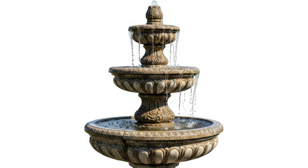 Obraz premium Ornate tiered stone fountain with flowing water isolated on transparent background