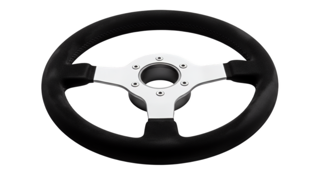 Steering Wheel's Precision: A close-up shot showcases a sleek, black steering wheel with a silver center. The design suggests precision and control, evoking the thrill of the open road.