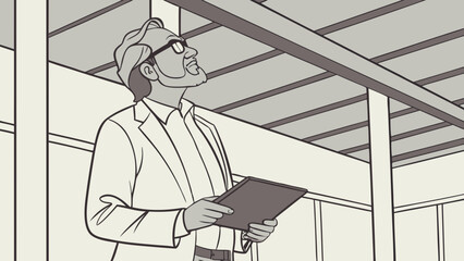 Businessperson reviewing plans architectural illustration construction site inspection digital tablet professional building design modern architecture.