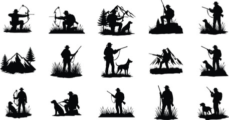 Hunter silhouettes with rifles, bow hunting, outdoor adventure, mountain landscape, hunting dog, wild nature, forest hunting, wilderness sport, vector illustration