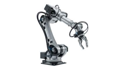 Robotic Arm: A detailed, close-up shot of a sleek, silver robotic arm against a bright background, showcasing its precision, automation capabilities, and industrial design.
