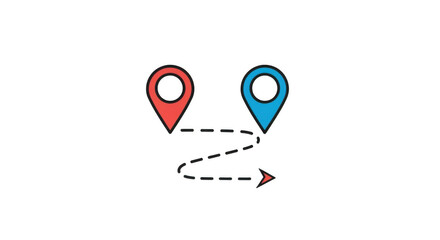 Two map pointers connected by a dashed line isolated on transparent background