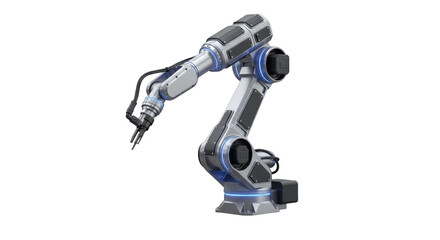 Robotic Arm in Action: A sleek, photorealistic robotic arm stands as a symbol of advanced technology, automation, and industrial progress. Its intricate design, with sharp angles and metallic sheen.
