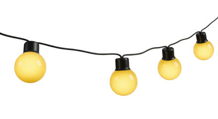 String of yellow oval light bulbs isolated on transparent background