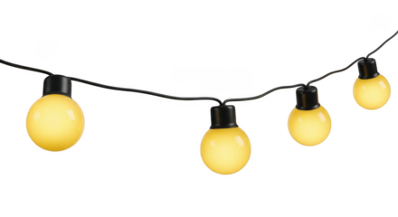 String of yellow oval light bulbs isolated on transparent background