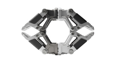 Naklejka premium Mechanical Clamp Detail: A symmetrical, close-up perspective of a robust, high-tech mechanical clamp, its metallic form hinting at precision and industrial strength.