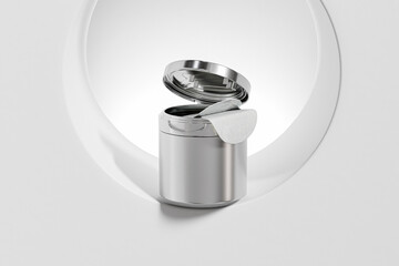 Silver Flip Top Cap Cosmetic Jars With Tweezers mockup, korean beauty skincare toner pads packaging, metllic cylindrical Cream jar with Flip top Cap, collagen moisturizing hydrogel pads container