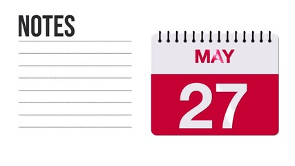 May 27 Calendar Animation with Free Space for Notes and Writing 4K motion graphic element