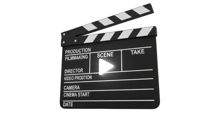 Black movie clapperboard with play button isolated on transparent background