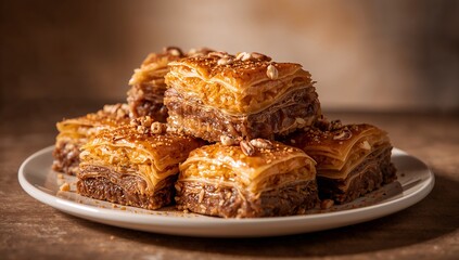 Close view of traditional nutty baklava dessert served upon the white plate, featuring golden flaky pastry layers, chopped nuts, and warm lighting creating a rich inviting mood