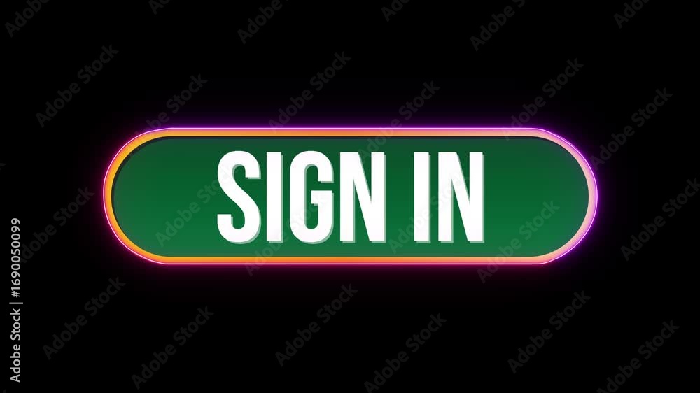 Poster sign in, button click animation with computer mouse cursor and luxury neon glow colorful border on b