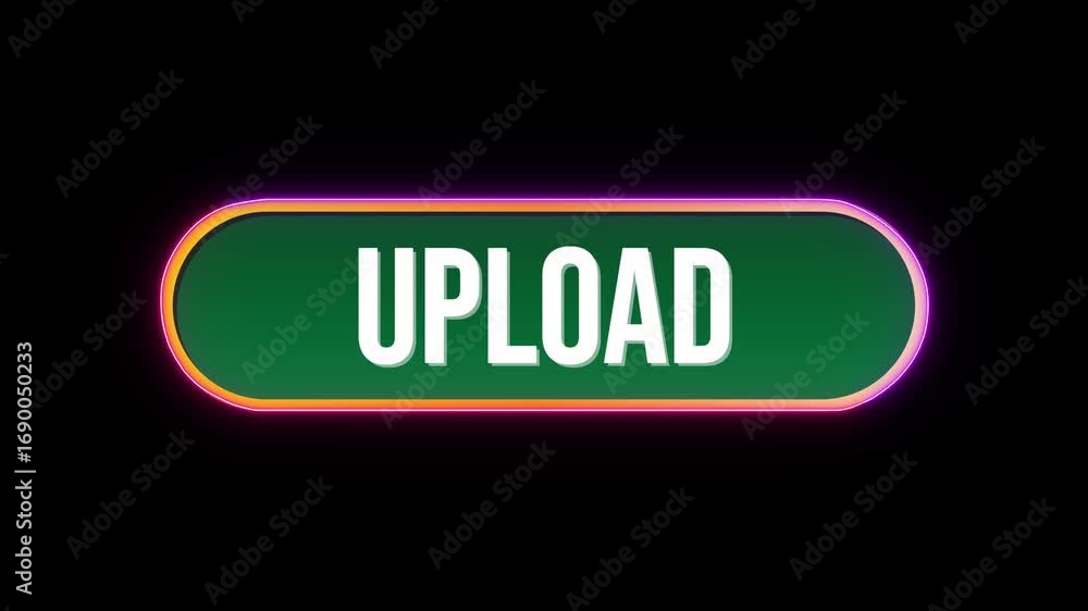 Poster upload, button click animation with computer mouse cursor and luxury neon glow colorful border on bl