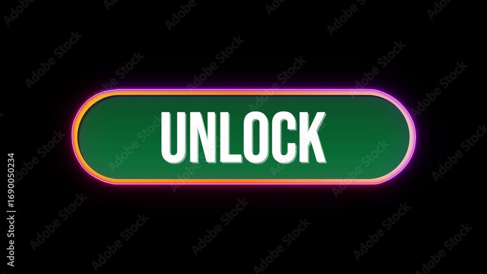 Aufkleber unlock, button click animation with computer mouse cursor and luxury neon glow colorful border on bl