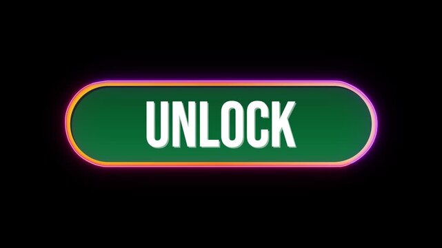Unlock, Button Click Animation with Computer Mouse Cursor and Luxury Neon Glow Colorful Border on Black Background
