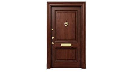 Ornate wooden door with brass knocker and letterbox isolated on transparent background