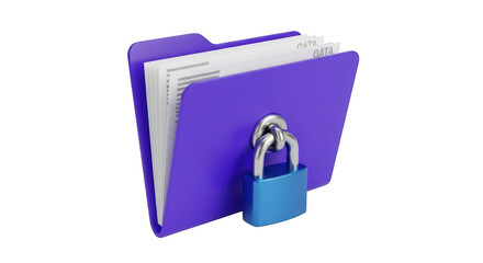 Purple folder with documents and a padlock isolated on transparent background