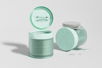 Cylindrical Plastic skincare Jars With Tweezers mockup, moisturizing facial toner cotton pads packaging with Flip Cap container, korean beauty skincare product, recycled plastics cosmetic container © Salihah.K