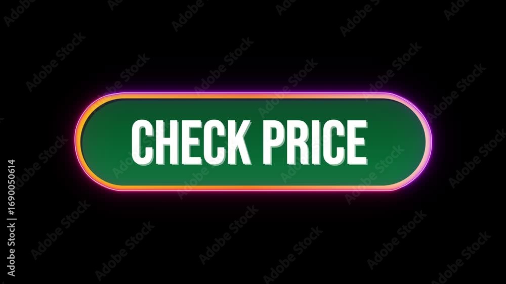 Poster check price, button click animation with computer mouse cursor and luxury neon glow colorful border 