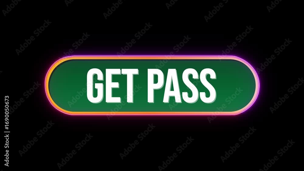 Poster get pass, button click animation with computer mouse cursor and luxury neon glow colorful border on 