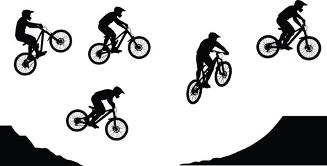 Fototapeta premium Mountain bike silhouette, BMX rider jumping, cyclist extreme sport vector, downhill biking illustration, outdoor adventure clipart, cycling lifestyle, black sport man