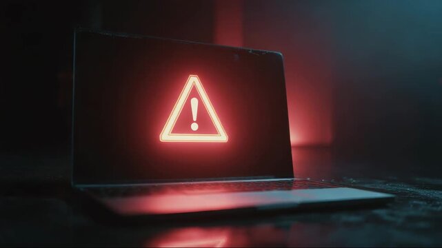 Laptop displaying red warning sign in dark environment  