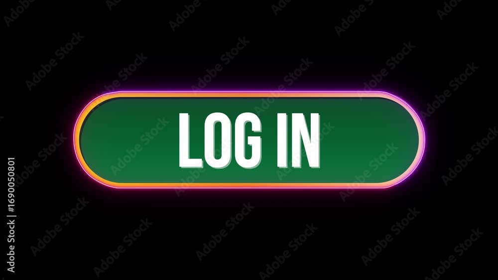 Poster log in, button click animation with computer mouse cursor and luxury neon glow colorful border on bl