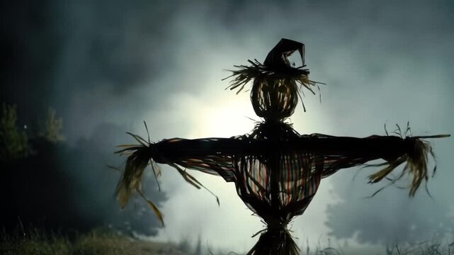 Eerie Scarecrow in Foggy Field at Dusk.