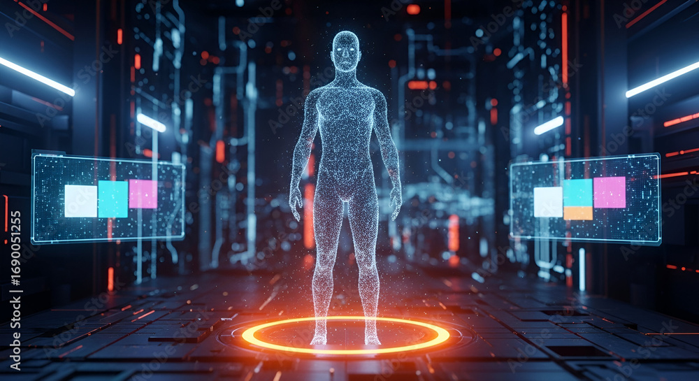 Poster digital human representation standing in virtual futuristic environment visualization