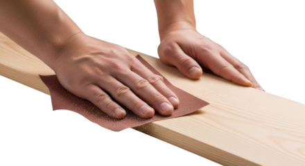 Hands at Work: A pair of hands skillfully smooths a wooden plank with sandpaper, highlighting the precise craft of woodworking, a focus on detailed textures.