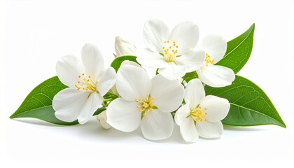 Obraz premium Delicate White Jasmine Flowers with Green Leaves on White Background.