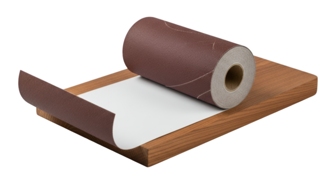 Sandpaper on Wood: Close-up studio shot of a brown sandpaper roll on a piece of wooden board