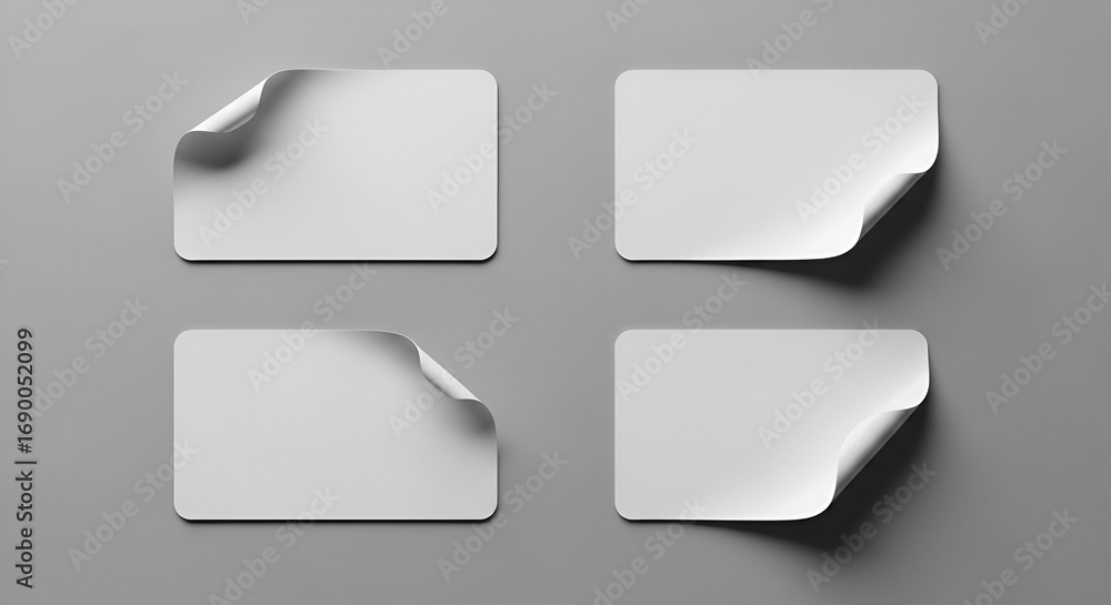 Aufkleber minimalist display featuring four blank cards with corner peels and subtle shadow effects on soft