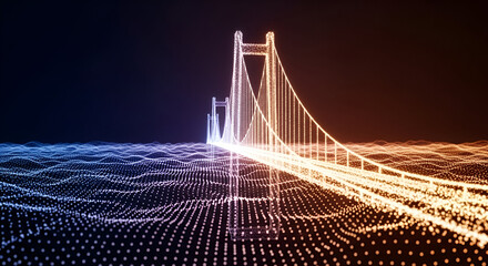 Luminous bridge structure, interconnected nodes forming a futuristic coastal landscape design