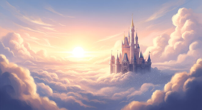 Majestic castle soaring amongst clouds, bathed in sunlight and pastel skies, a dreamy and - Powered by Adobe
